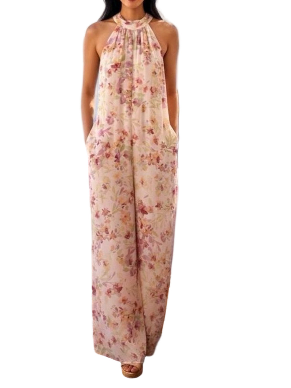 1. State Floral Halter palazzo jumpsuit - White with Pink & Green Floral